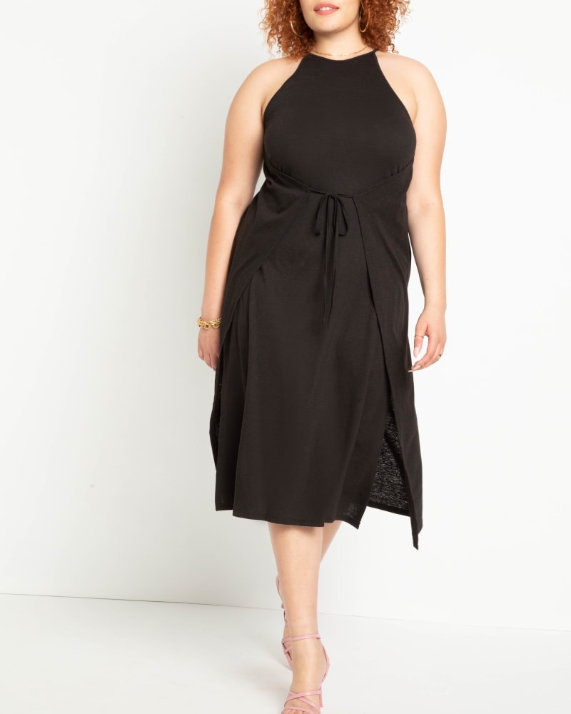 Front of a model wearing a size 14/16 Jesse Knit Midi Dress in Totally Black by ELOQUII. | dia_product_style_image_id:216981